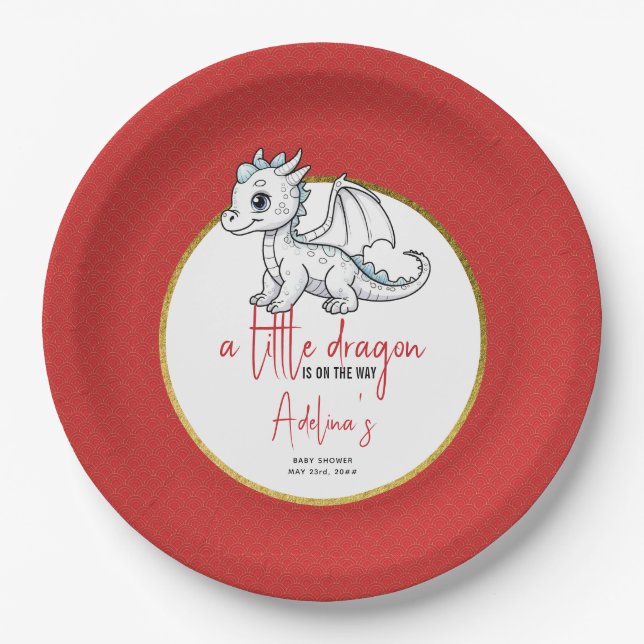 Cute Little Dragon Is On The Way Red Baby Shower Paper Plate (Front)