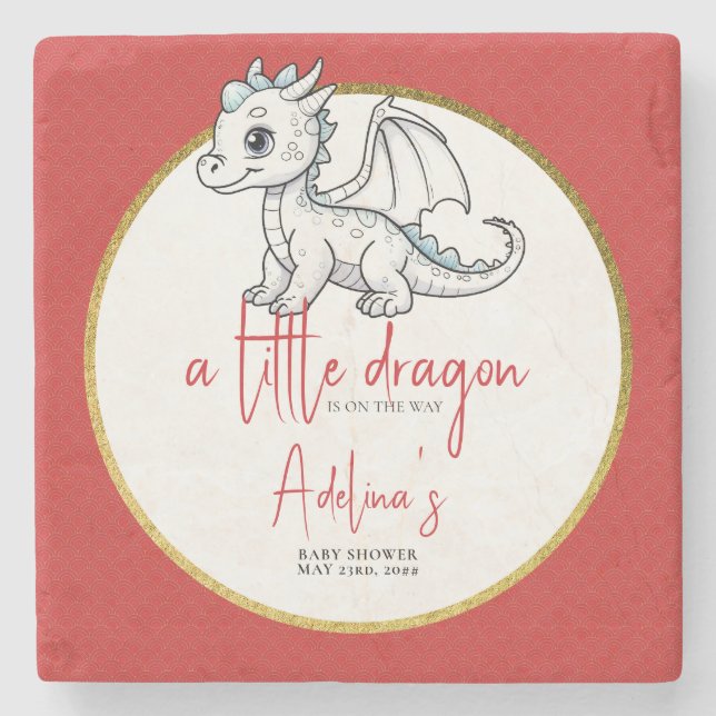 Cute Little Dragon Is On The Way Red Baby Shower Stone Coaster (Front)