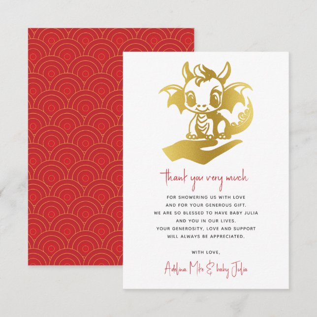 Cute Little Dragon Is On The Way Red Baby Shower Thank You Card (Front/Back)