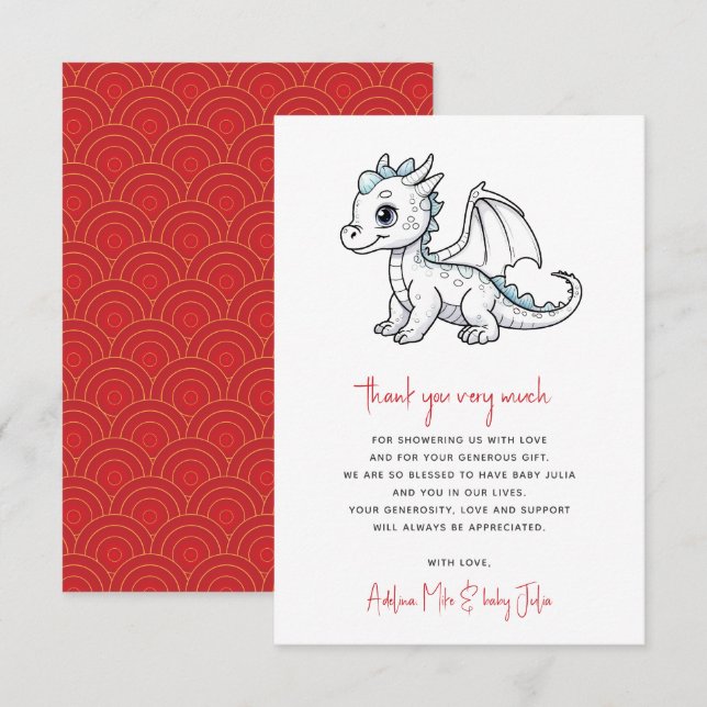 Cute Little Dragon Is On The Way Red Baby Shower Thank You Card (Front/Back)