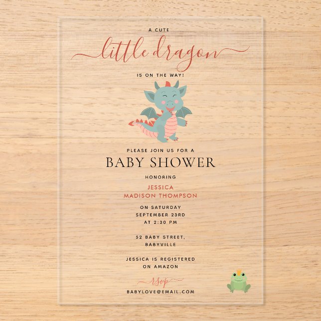 Cute Little Dragon On the Way Boy Baby Shower Acrylic Invitations (Front)