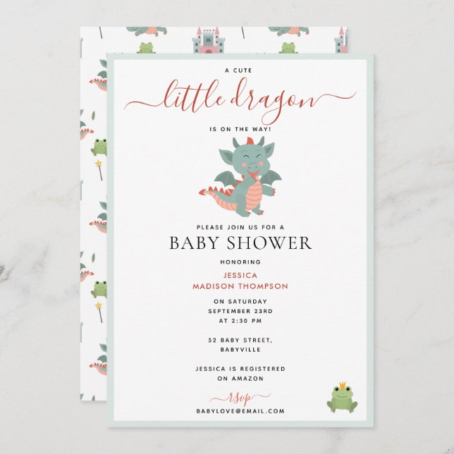 Cute Little Dragon On the Way Boy Baby Shower Invitation (Front/Back)