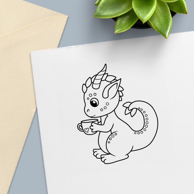 Cute Little Dragon with a Teacup Colour Me Self-inking Stamp (Creator Uploaded)