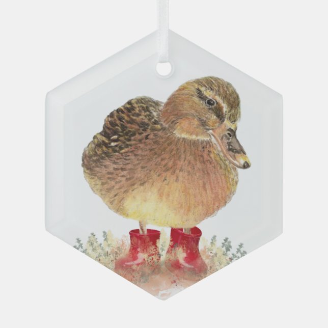 Cute Little Duck Ducky Red Rubber Boots Fun Glass Tree Decoration (Front)