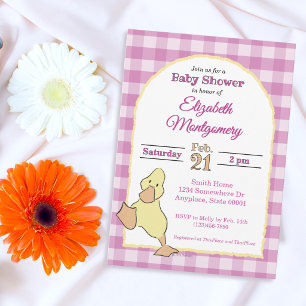 Cute Little Duckling Pink Gingham Baby Shower Invitation