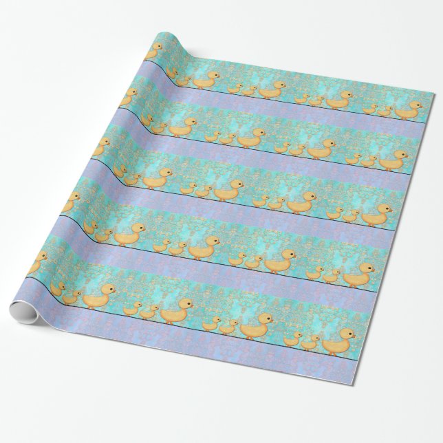 Cute Little Ducks on Purple Teal Damask Wrapping Paper (Unrolled)