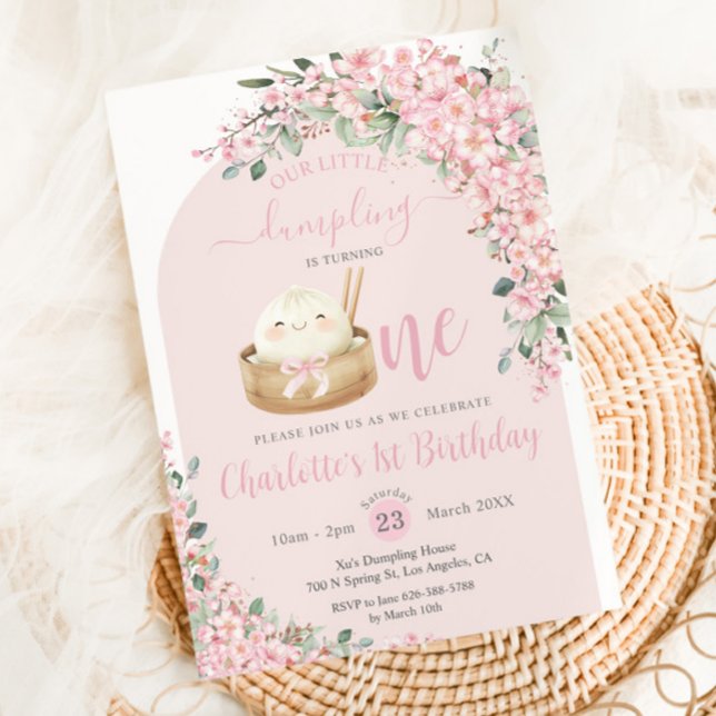 Cute Little Dumpling Cherry Blossoms 1st Birthday Invitation (Creator Uploaded)