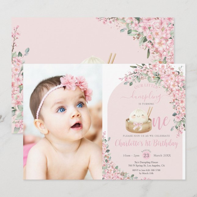 Cute Little Dumpling Cherry Blossoms 1st Birthday Invitation (Front/Back)