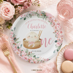 Cute Little Dumpling Cherry Blossoms 1st Birthday Paper Plate