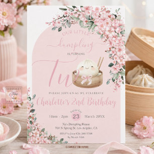 Cute Little Dumpling Cherry Blossoms 2nd Birthday Invitation