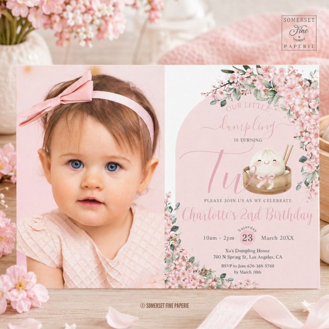 Cute Little Dumpling Cherry Blossoms 2nd Birthday  Invitation (Zazzle Cute Little Dumpling Cherry Blossoms 2nd Birthday  photo picture Invitation )