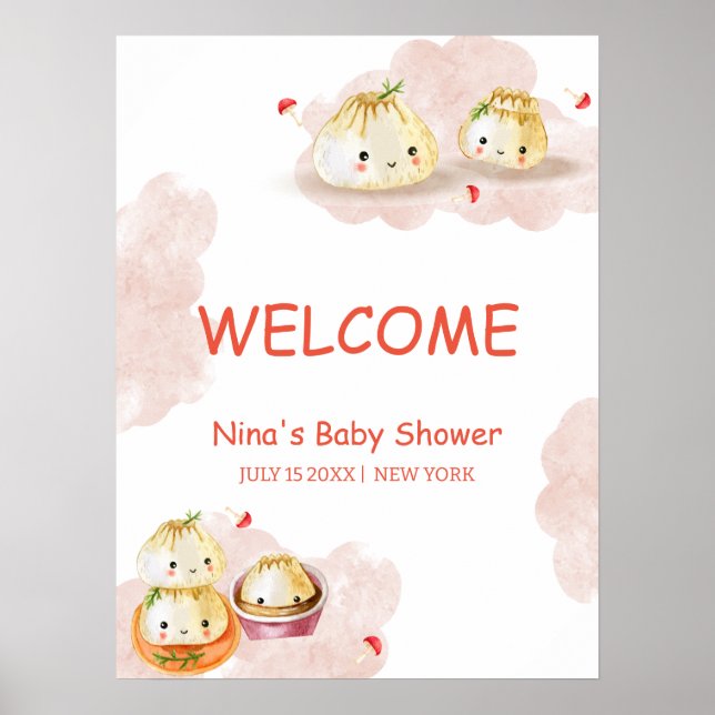 Cute Little Dumpling Mushroom Baby Shower Welcome Poster (Front)