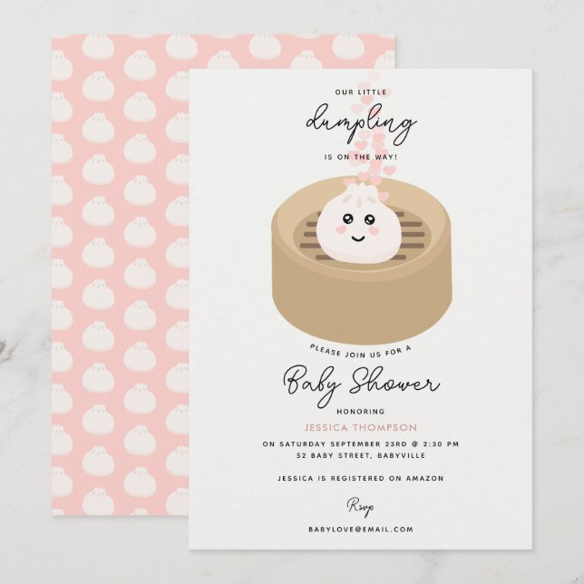 Cute Little Dumpling Pink Hearts Baby Girl Shower Invitation (Front/Back)