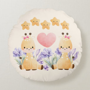 Cute Little Duo Giraffe Round Pillow