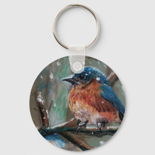 Cute Little Eastern Blue Bird Painting Winter Key Ring