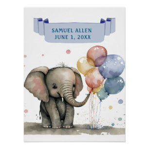 Cute LIttle Elephant with Balloons Kids Birthday Poster