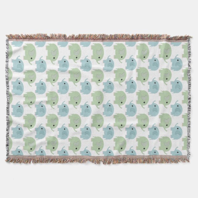 Cute Little Elephants Blue Green Throw Blanket (Front)