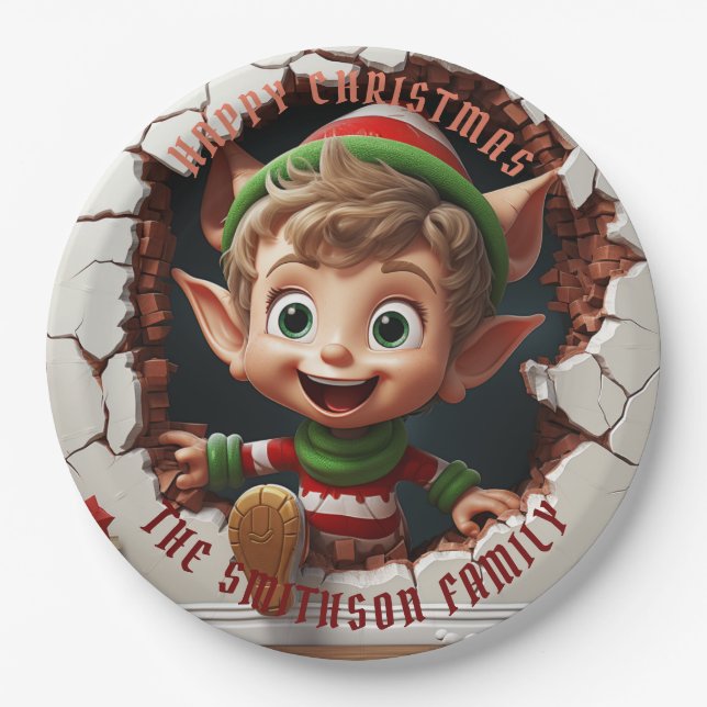 Cute Little Elf 3D Christmas Paper Plate (Front)