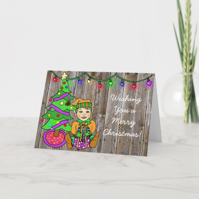 Cute little Elf and Christmas Lights Personalised Card (Front)