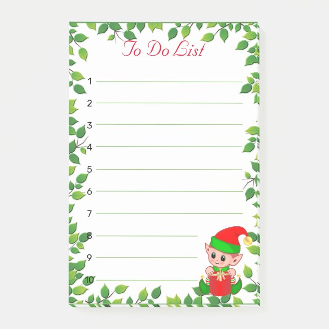 Cute Little Elf & Green Leaf Frame on Lined Post-it Notes (Front)