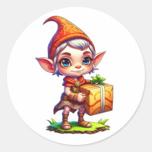 Cute Little Elf Holding a Gift Christmas Classic Round Sticker