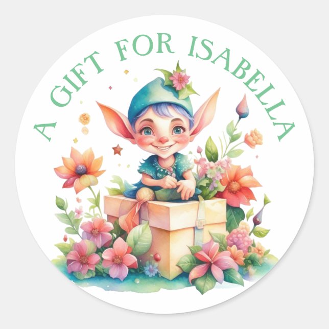 Cute Little Elf Personalised Christmas Classic Round Sticker (Front)