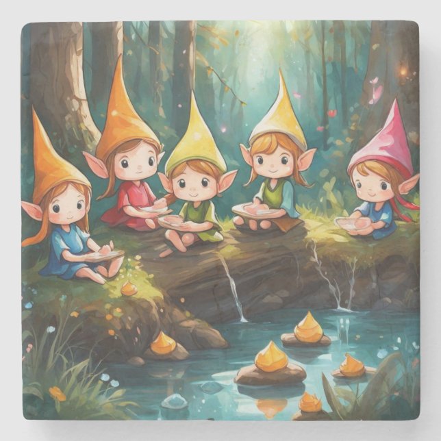 Cute little elves in the river stone coaster (Front)