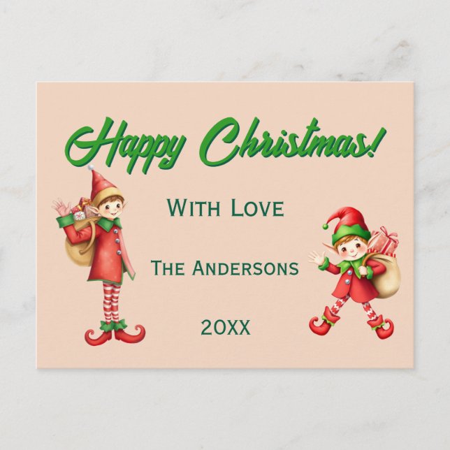 Cute Little Elves - Personalized Christmas  Holiday Postcard (Front)