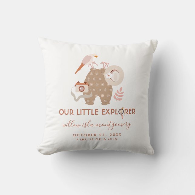 Cute Little Explorer Boho Birth Information Baby Cushion (Front)