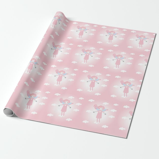 Cute little fairy in pink sky wrapping paper (Unrolled)