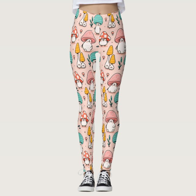 Cute Little Fantasy Mushroom Cartoon Pink Blue Art Leggings (Front)