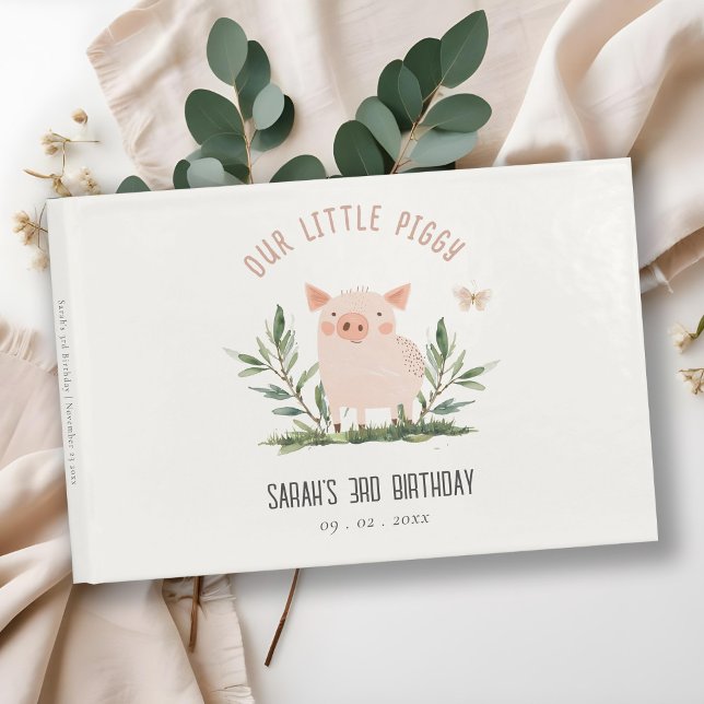 Cute Little Farm Pig Butterfly Kids Birthday Guest Book (Creator Uploaded)