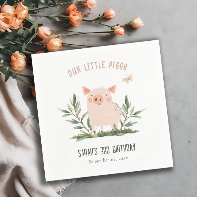 Cute Little Farm Pig Butterfly Kids Birthday Napkin (Creator Uploaded)