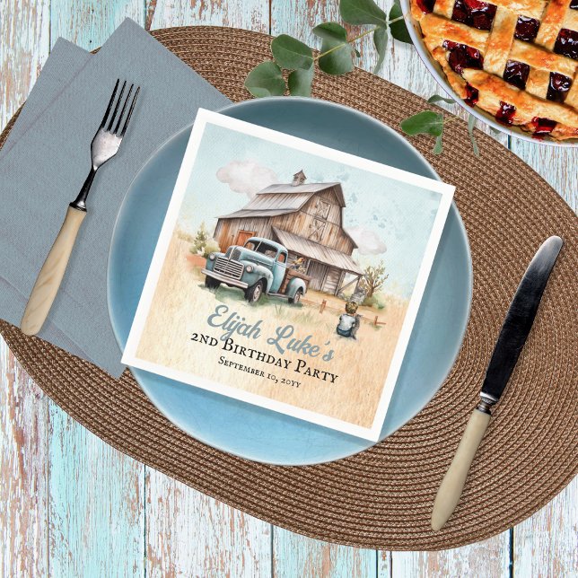 Cute Little Farmer 2nd Birthday Party Napkin (Blue Boy 2nd Birthday Party Barn | Vintage Truck Paper Napkins)