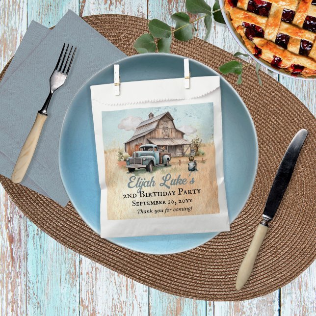 Cute Little Farmer 2nd Birthday Party Thank You Favour Bags (2nd Birthday Party Barn | Vintage Truck Favor Bags)