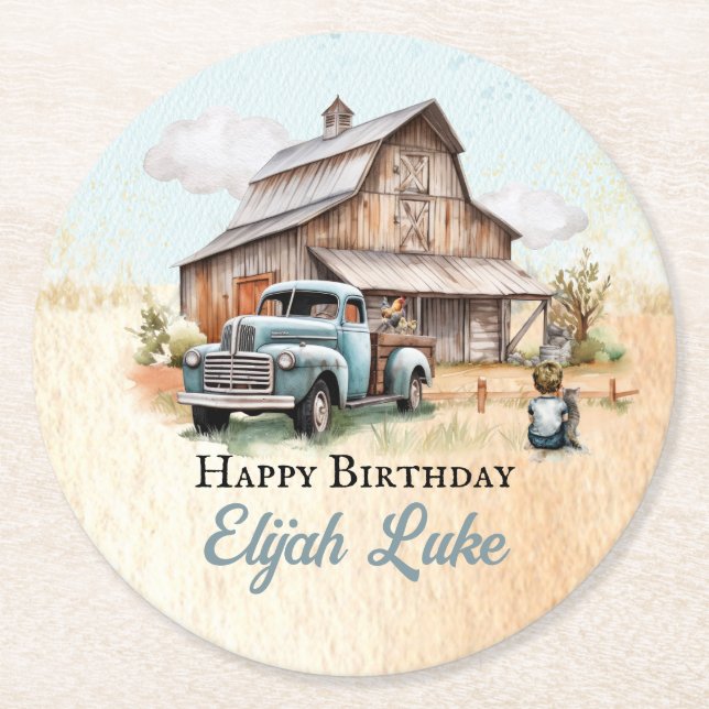 Cute Little Farmer Birthday Party Round Paper Coaster (Front)
