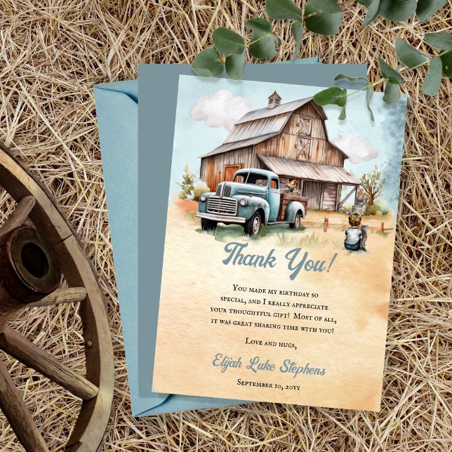 Cute Little Farmer Birthday Party  Thank You Card (Vintage Blue Truck | Barn Little Farmer "Thank You!" Card )