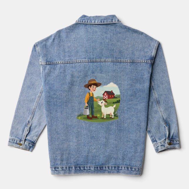 Cute Little Farmer Boy Goat Denim Jacket (Back)