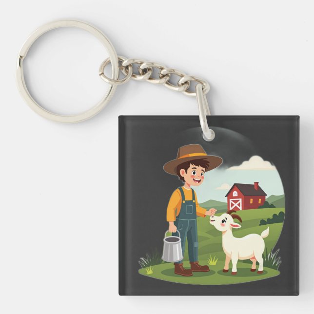 Cute Little Farmer Boy Goat Key Ring (Front)