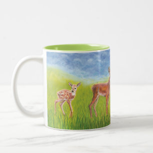 Cute Little Fawn Grows up to Red Deer Illustration Two-Tone Coffee Mug