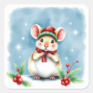 Cute Little Festive Christmas Mouse in Winter Hat Square Sticker