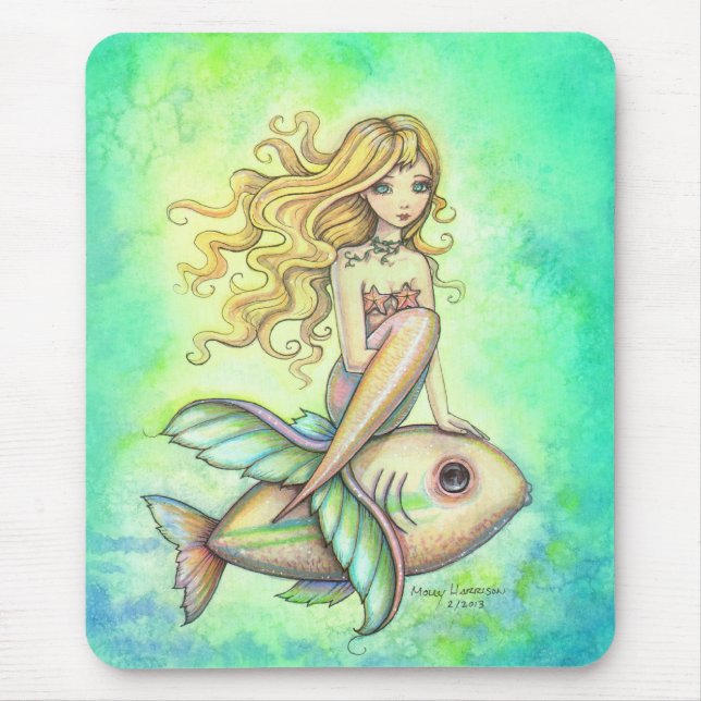 Cute Little Fish and Mermaid Fantasy Art Mouse Mat (Front)