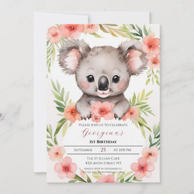 Cute Little Floral Koala Girl Birthday Invitation (Front)