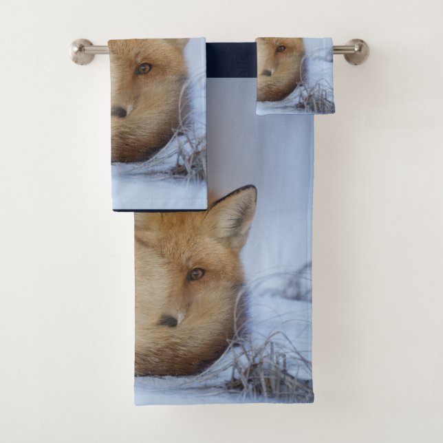Cute Little Fox Curled Up Winter Photo Bath Towel Set (Insitu)