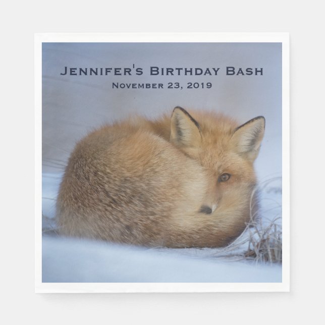 Cute Little Fox Curled Up Winter Photo Birthday Napkin (Front)