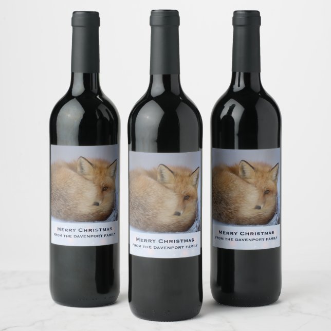 Cute Little Fox Curled Up Winter Photo Christmas Wine Label (Bottles)