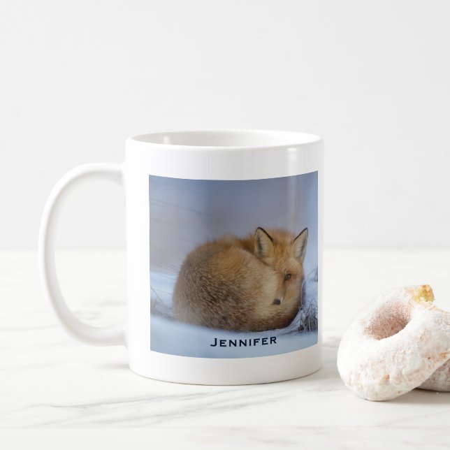 Cute Little Fox Curled Up Winter Photo Coffee Mug (With Donut)