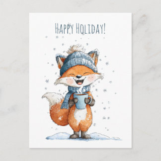 Cute little fox enjoying a warm drink holiday postcard