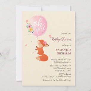 Cute little fox  flying with balloon invitation