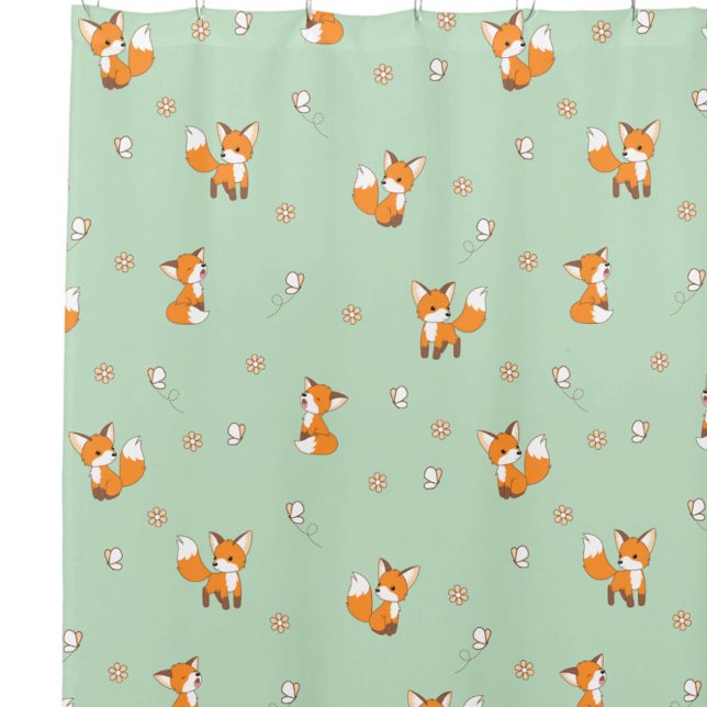 Cute Little Fox Green Pattern Shower Curtain (Creator Uploaded)